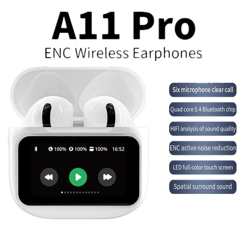 A11 Pro TWS Earpods Wireless Earbuds Touch Control LCD Screen Earphone with ENC Noise Cancelling Super Bass Premium Sound Long Battery