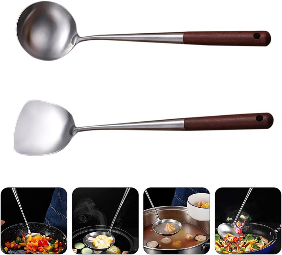1 Set Long Handle Cooking Spatula Stainless Steel Cooking Utensils Stainless Steel Kitchen Utensils Spatula and Spoon Ladle Kitchen Ware Practical Kitchen Gadgets Cooking Tools
