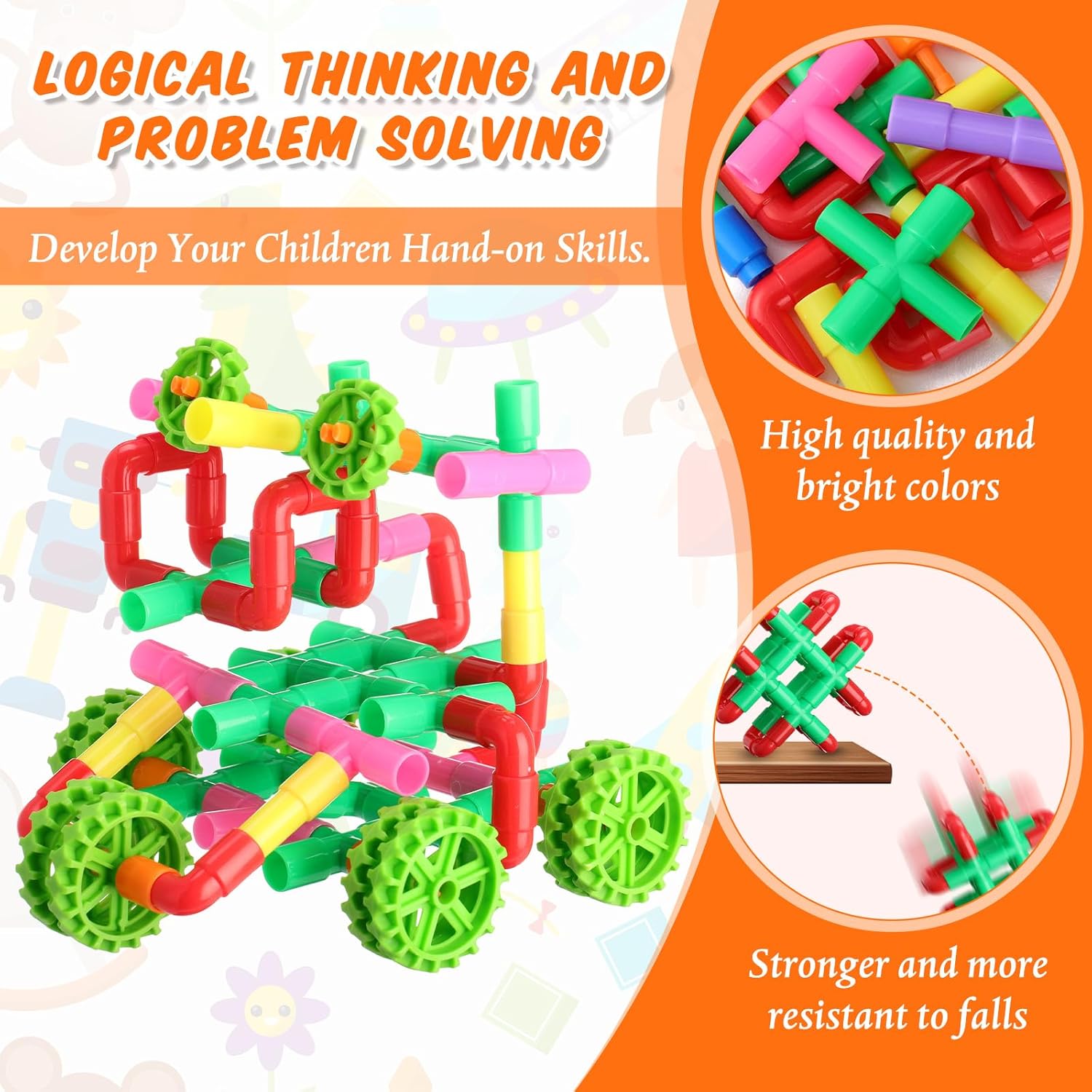 Blocks Toy, 82 Pieces Creative Pipe Tube Sensory Toys, Construction Set Build Bicycle, Tank, Scootie, Motor Skills Endless Design Educational Learning Toys for Kids Aged 3+