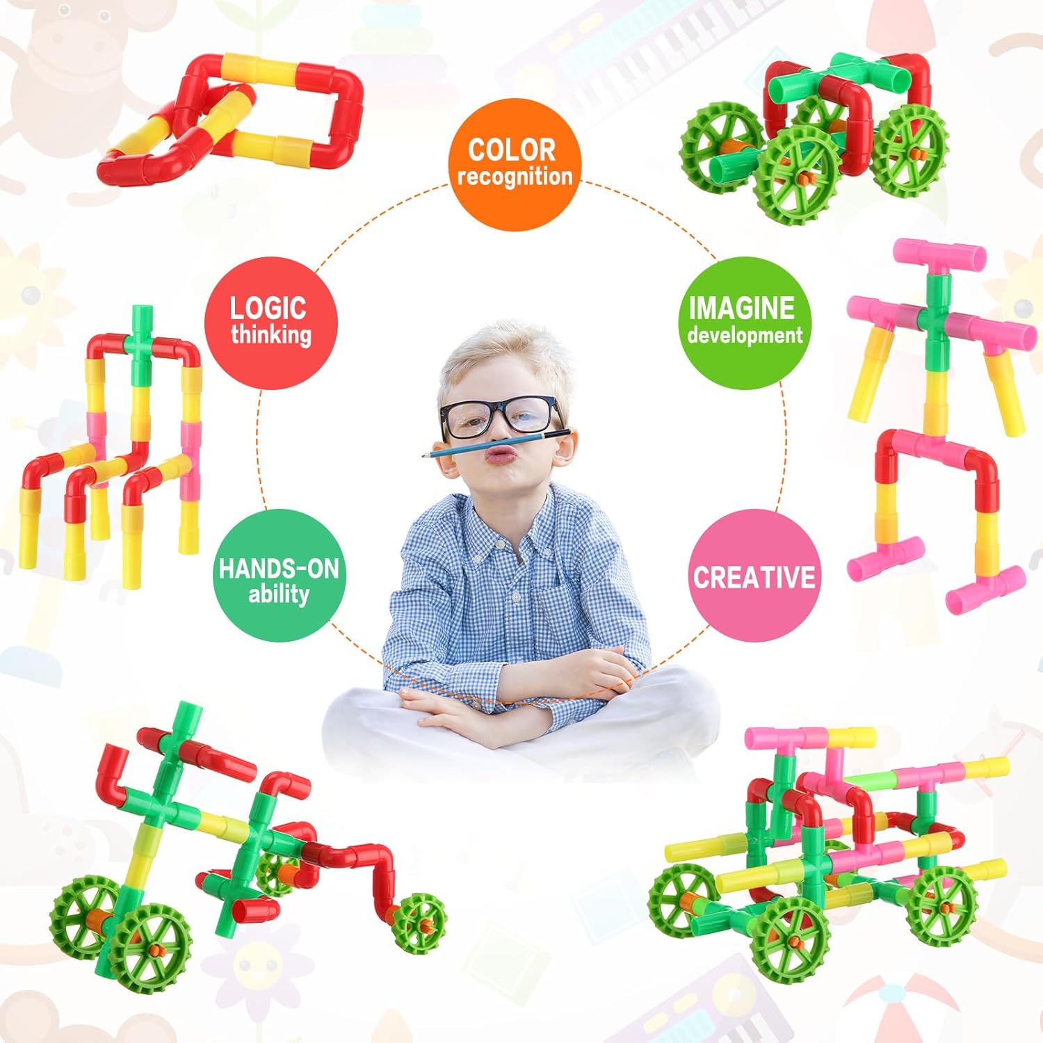 Blocks Toy, 82 Pieces Creative Pipe Tube Sensory Toys, Construction Set Build Bicycle, Tank, Scootie, Motor Skills Endless Design Educational Learning Toys for Kids Aged 3+