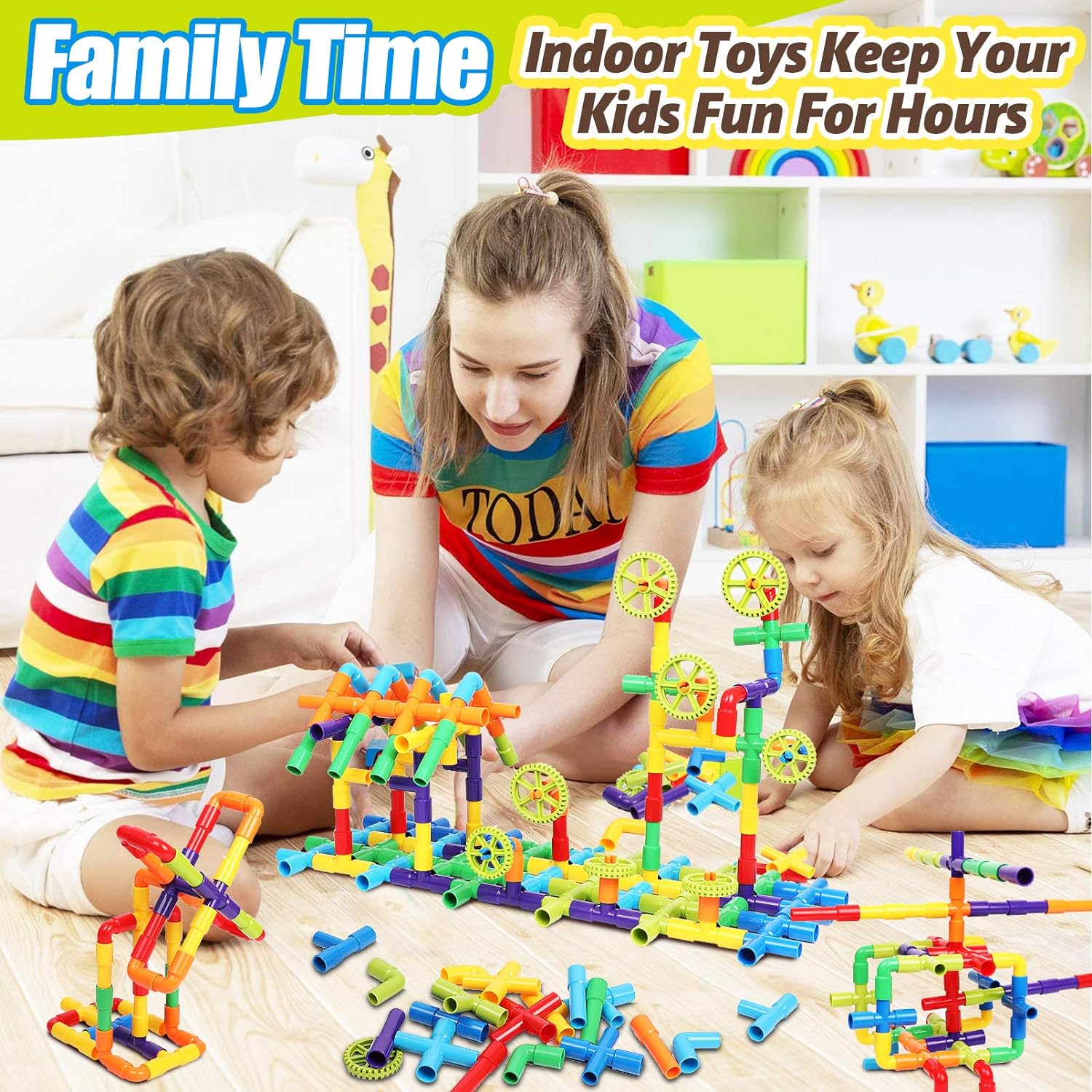 Blocks Toy, 82 Pieces Creative Pipe Tube Sensory Toys, Construction Set Build Bicycle, Tank, Scootie, Motor Skills Endless Design Educational Learning Toys for Kids Aged 3+
