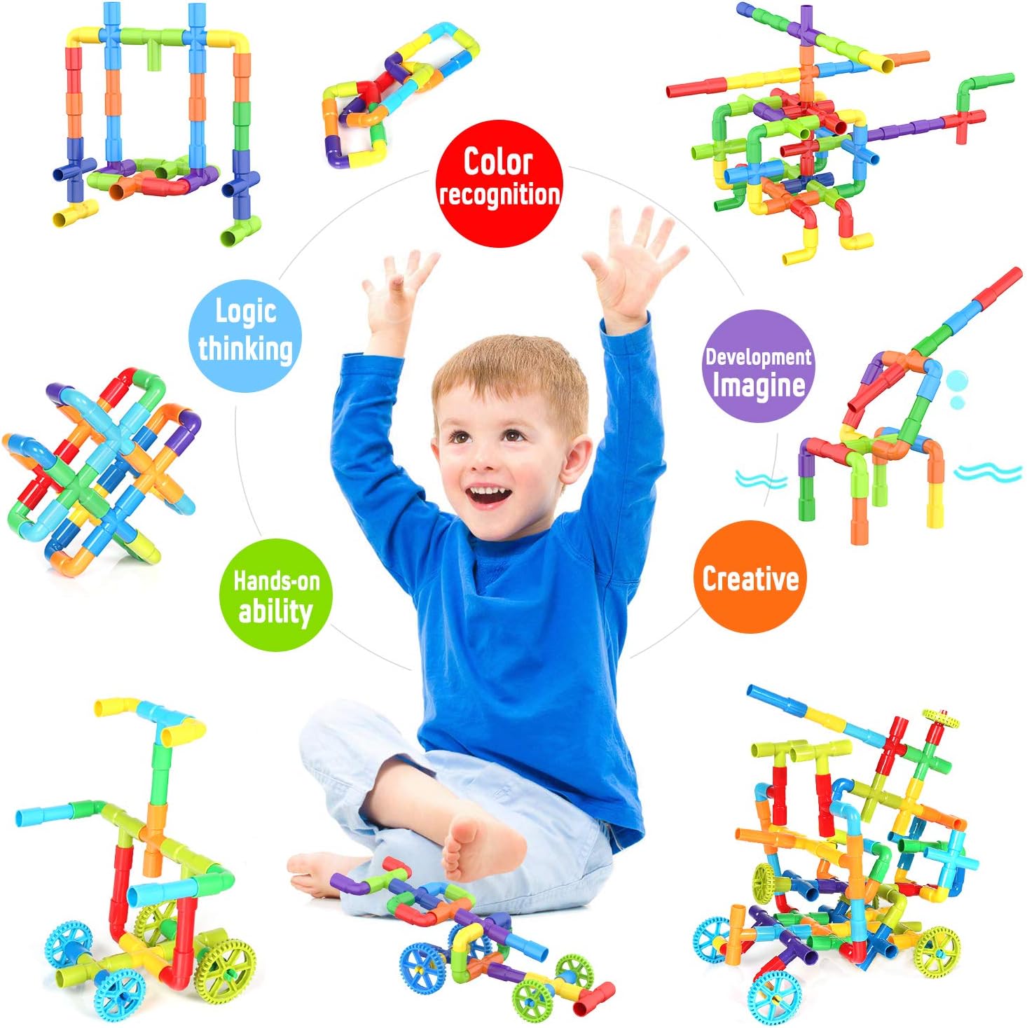 Blocks Toy, 82 Pieces Creative Pipe Tube Sensory Toys, Construction Set Build Bicycle, Tank, Scootie, Motor Skills Endless Design Educational Learning Toys for Kids Aged 3+