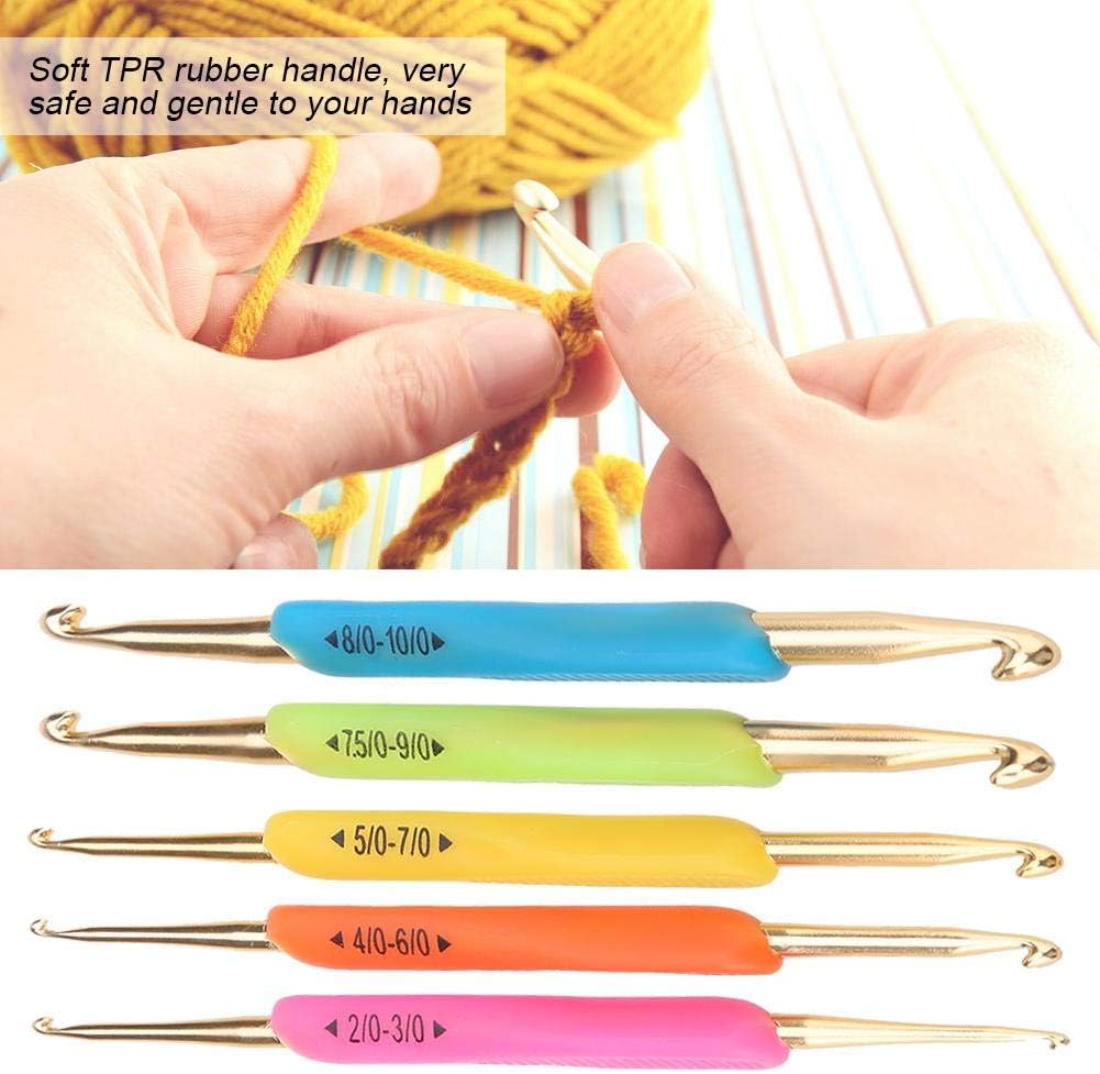 5pcs Crochet Hooks,Double Hook Crochet Hook Set TPR Soft Rubber Handle Aluminum Knitting Needle Set
