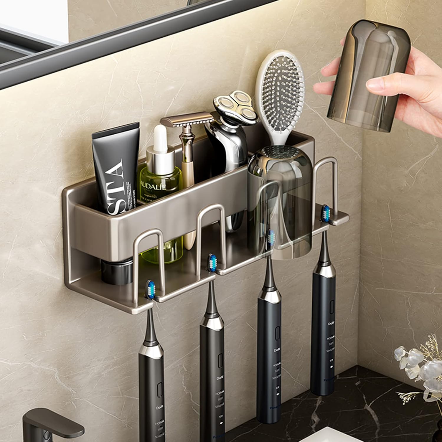 Aluminium alloy toothbrush holder for Bathrooms,Electric Toothbrush Holder,Tooth Brushing Holder,Toothbrush Holder Wall Mounted ，Toothbrush Rack ， Storage Rack（Excluding Cup x 4）