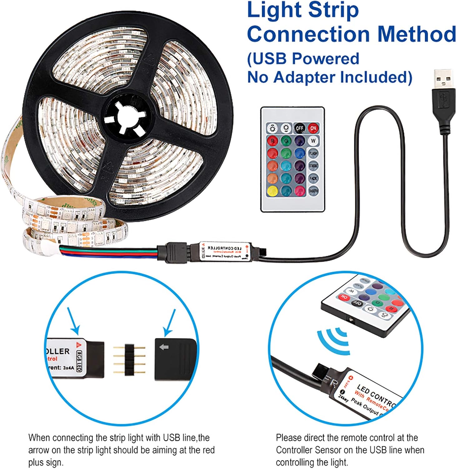 ﻿5M 5050 LED Light Strip  ，USB TV  LED Backlight， LED Color RGB Lights  ，LED Strip Bedroom Decoration， LED Lamp Tape With IR Remote Controller