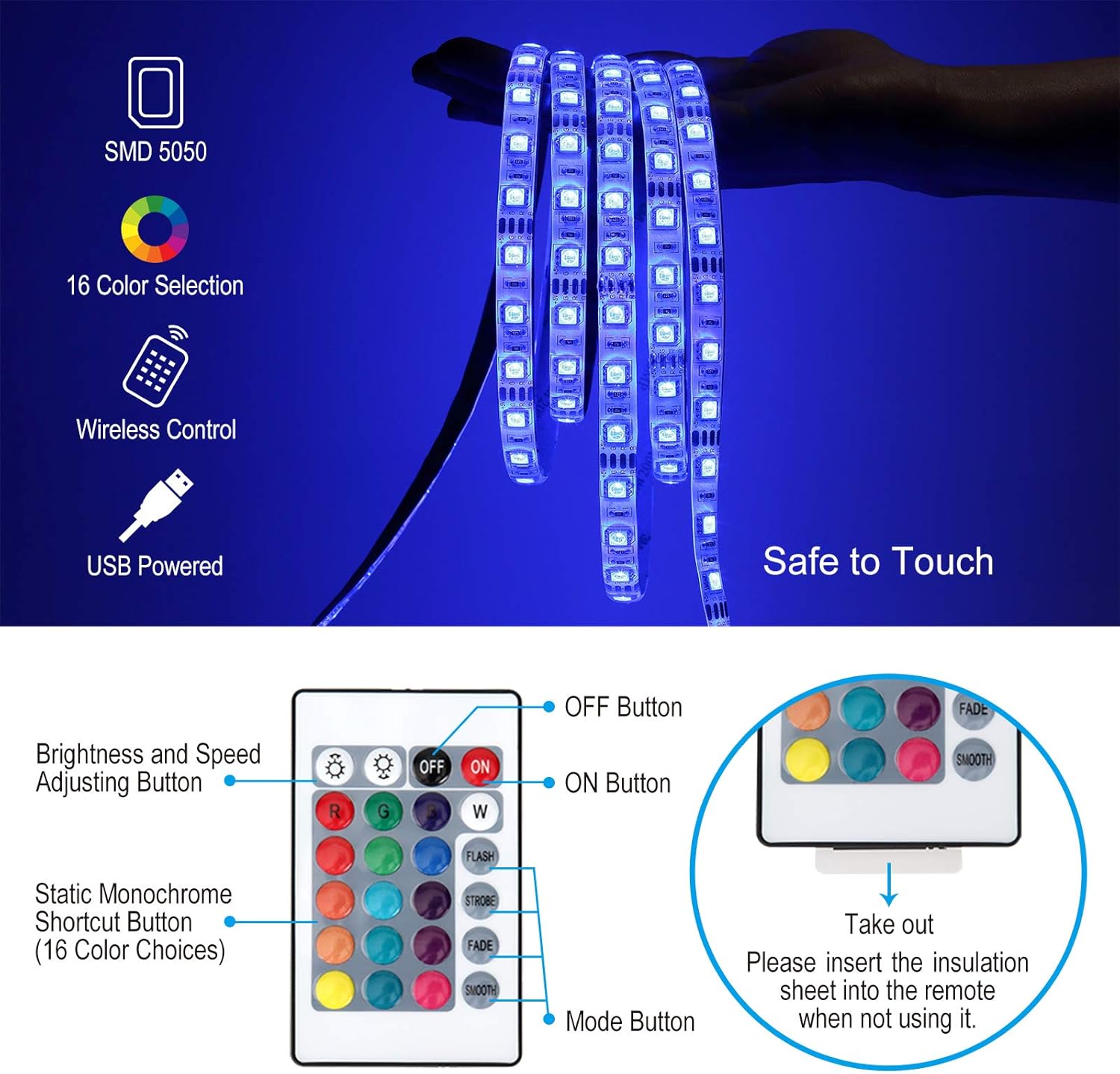 ﻿5M 5050 LED Light Strip  ，USB TV  LED Backlight， LED Color RGB Lights  ，LED Strip Bedroom Decoration， LED Lamp Tape With IR Remote Controller