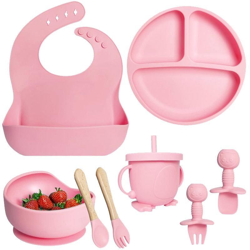 8pcs Silicone Baby Feeding Set, Baby Led Weaning Supplies with Suction Bowl Divided Plate, Toddler Self Feeding Dish Set with Spoons Forks Sippy Cup Adjustable Bib, Baby Eating Utensils Baby Bowl Plat