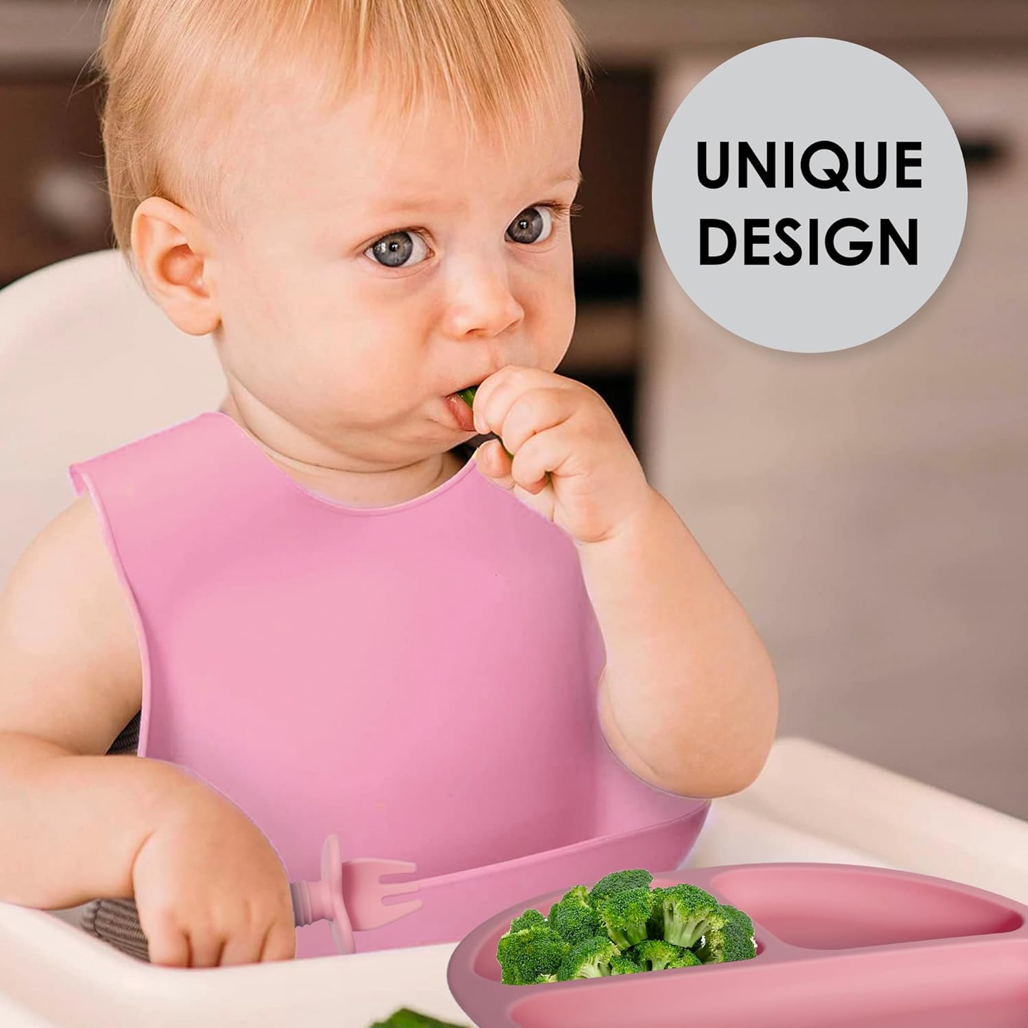 8pcs Silicone Baby Feeding Set, Baby Led Weaning Supplies with Suction Bowl Divided Plate, Toddler Self Feeding Dish Set with Spoons Forks Sippy Cup Adjustable Bib, Baby Eating Utensils Baby Bowl Plat