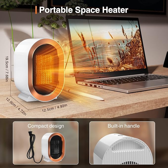QQT Electric Space Heater,Portable Energy Efficient Space Heaters for Indoor Use,Two-Speed Portable Heater Fan for Office with Adjustable,Overheating Protection,Dumping Shutdown (White)