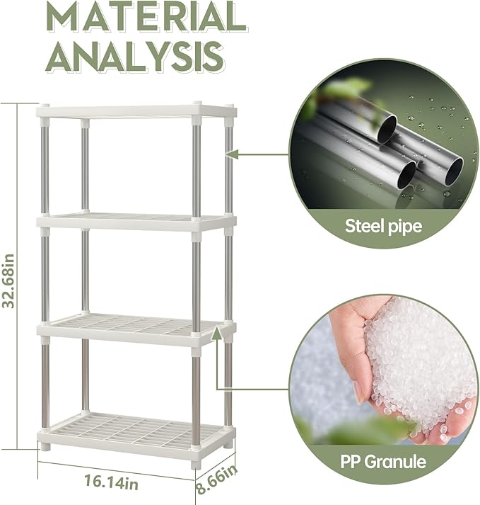 4 Tier White Plastic and Metal Freestanding Shelf Bathroom Organizer  Racks, Shelves, Shelving Unit Storage Rack Organizer for Home, Garage, Basement, Shed and Laundry Room