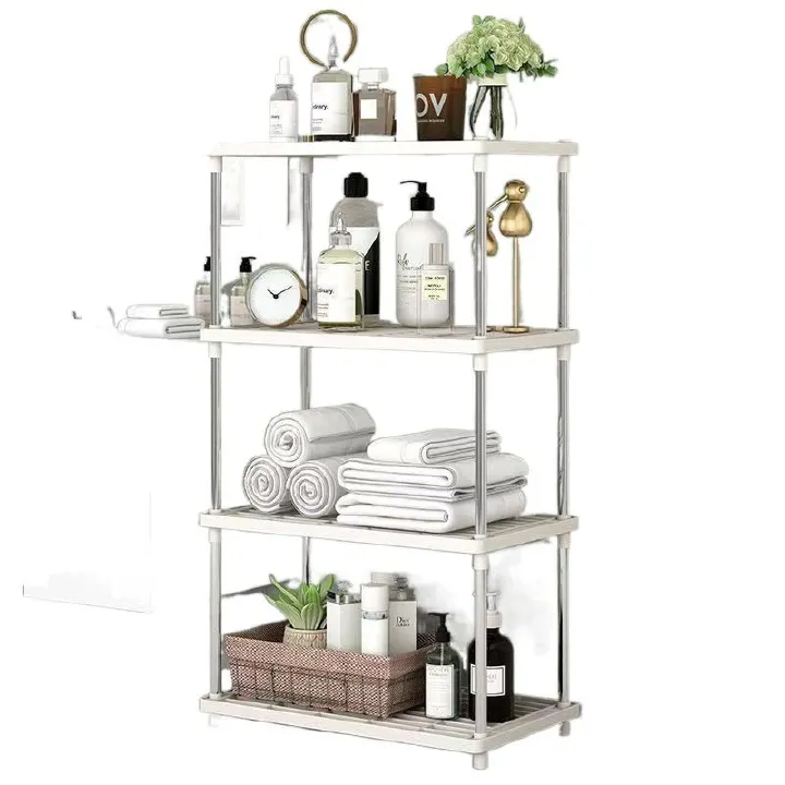4 Tier White Plastic and Metal Freestanding Shelf Bathroom Organizer  Racks, Shelves, Shelving Unit Storage Rack Organizer for Home, Garage, Basement, Shed and Laundry Room
