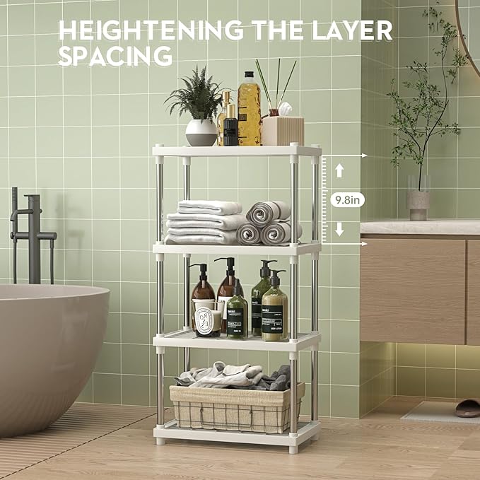 4 Tier White Plastic and Metal Freestanding Shelf Bathroom Organizer  Racks, Shelves, Shelving Unit Storage Rack Organizer for Home, Garage, Basement, Shed and Laundry Room