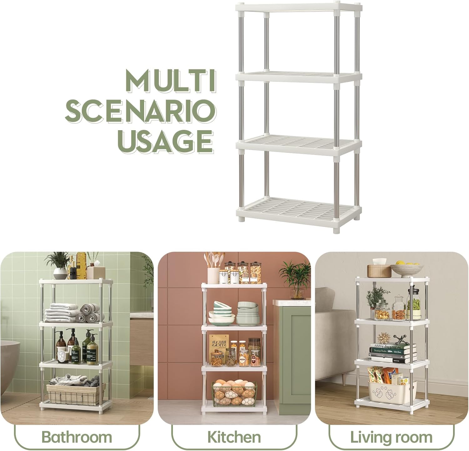4 Tier White Plastic and Metal Freestanding Shelf Bathroom Organizer  Racks, Shelves, Shelving Unit Storage Rack Organizer for Home, Garage, Basement, Shed and Laundry Room