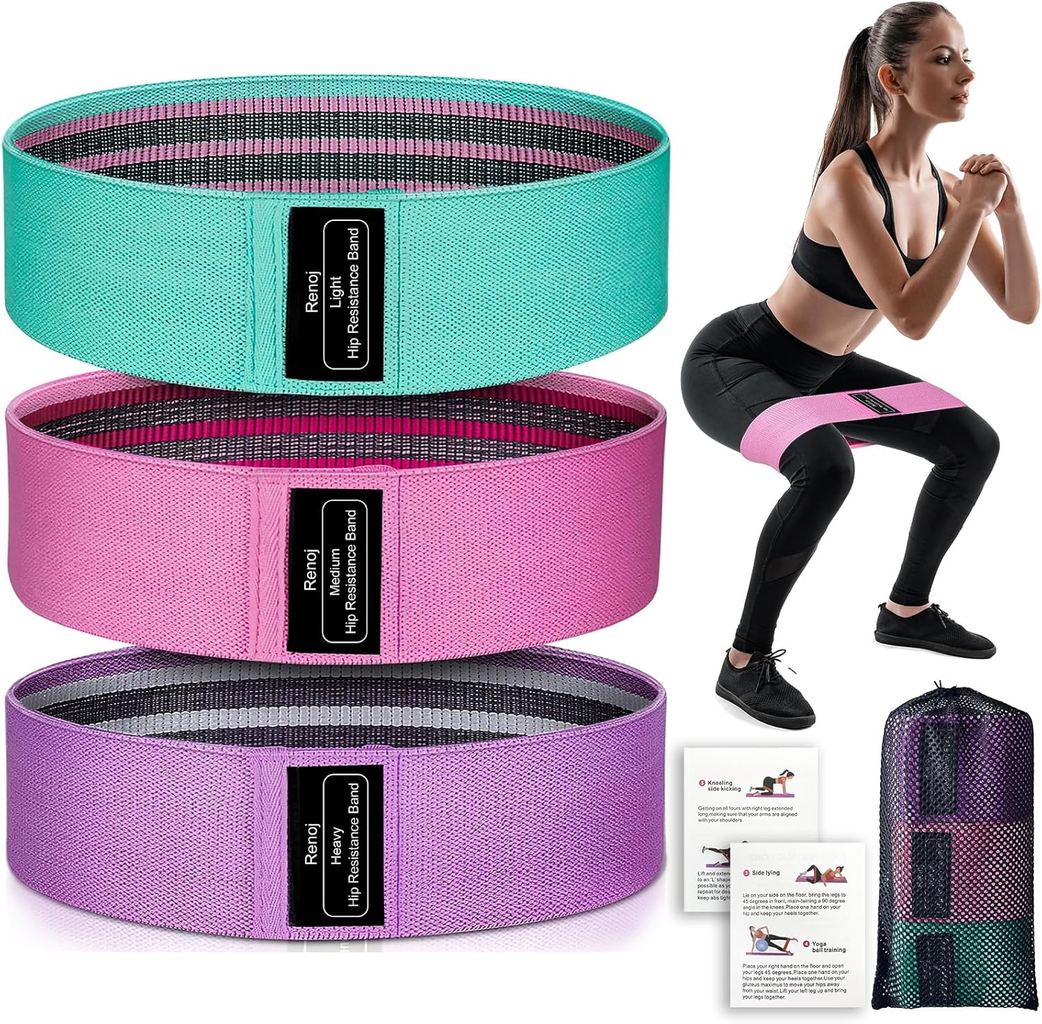 3pcs Resistance Bands, Yoga Starter Sets for Women and Men, 3 Set of Stretch Exercise Workout Bands for Booty Legs, Elastic Pilates Flexbands