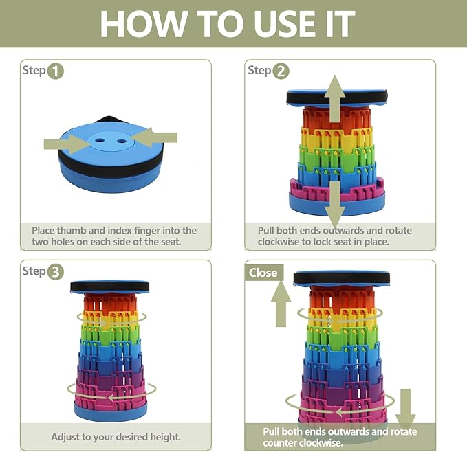 Collapsible Stool Upgraded, Folding Telescoping Foldable Camping Stool, Sturdy, Portable Telescopic Compact Folding Chair, Retractable Seat or Foot Rest for Travel, Parties, Queue