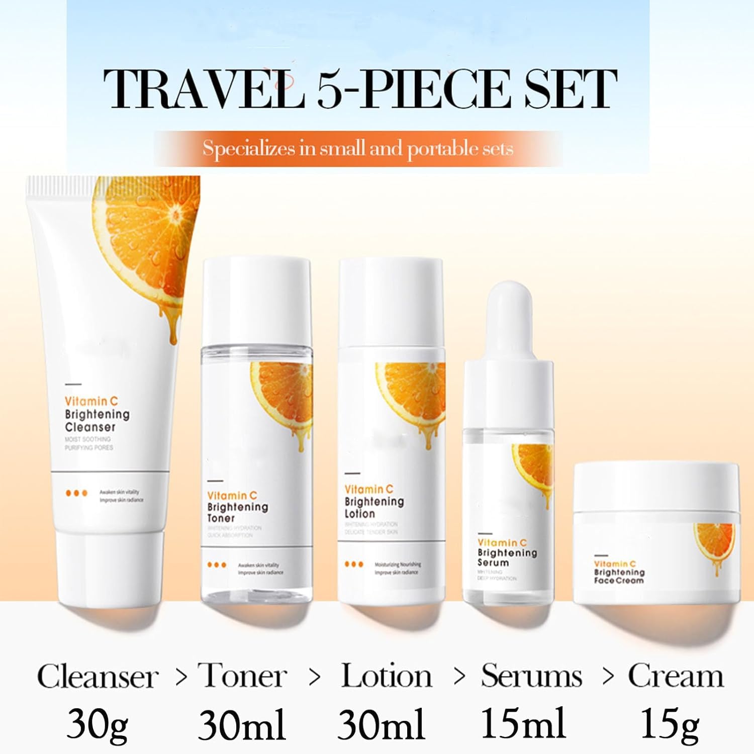 5PCS  Vitamin C Skin care Set– SA-DOER Skin Care Set with Cleanser, Toner, Serum, Lotion & Face Cream, Hydrating Brightening Skincare Gift for Women and Men, Travel Size