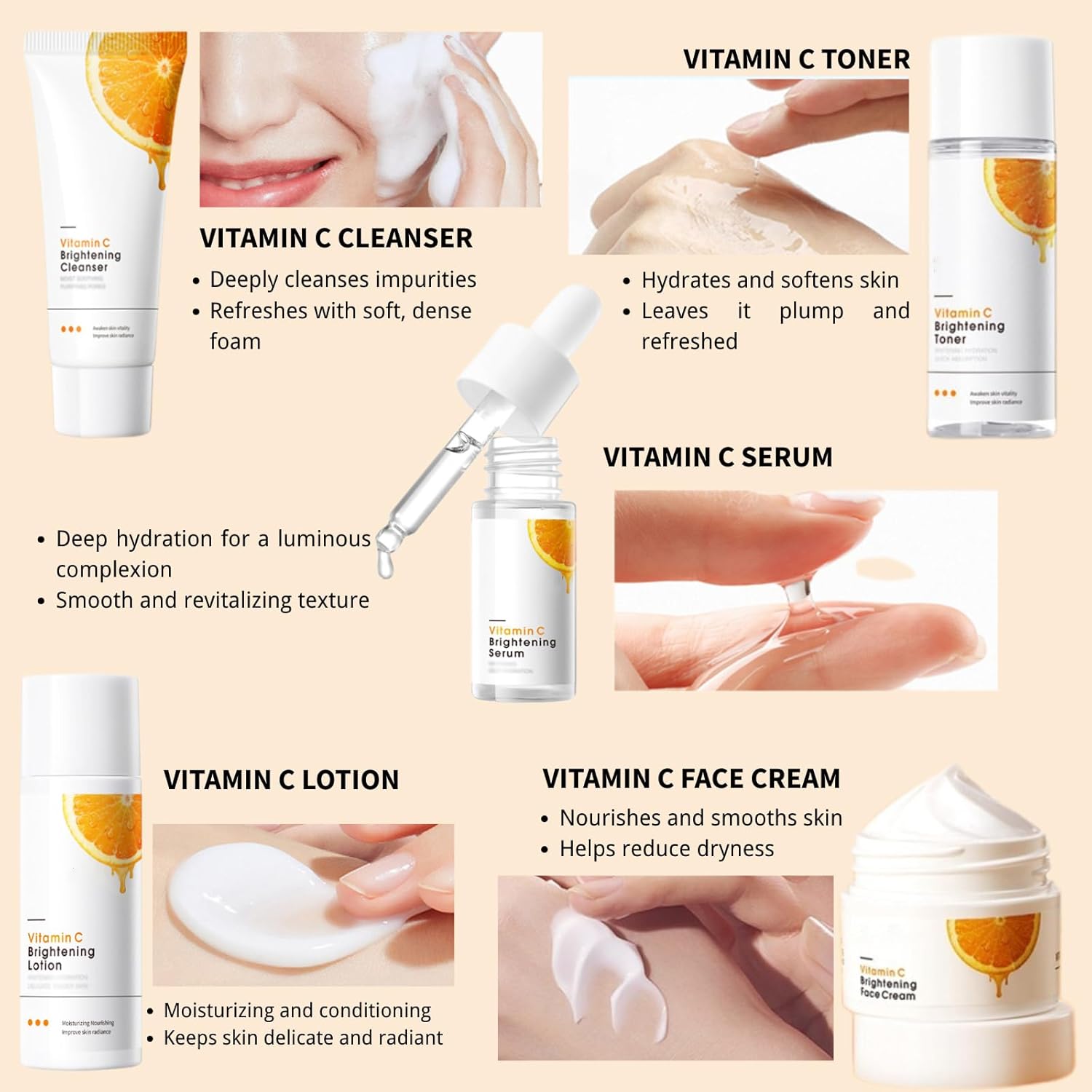 5PCS  Vitamin C Skin care Set– SA-DOER Skin Care Set with Cleanser, Toner, Serum, Lotion & Face Cream, Hydrating Brightening Skincare Gift for Women and Men, Travel Size