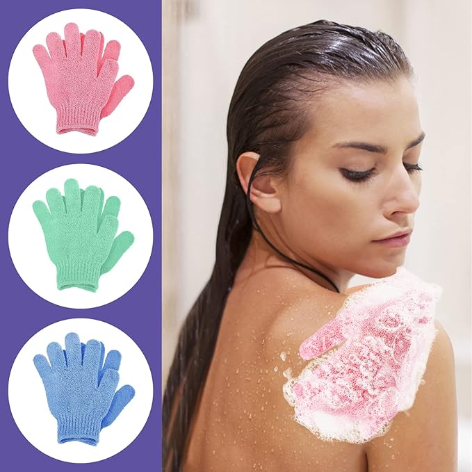 3 Pair Bath Gloves for Shower Natural Loofah Exfoliating Wash Gloves for Body and Face, Dead Skin Remover, Double Sided Microfibre Shower Body Gloves for Adults and Kids