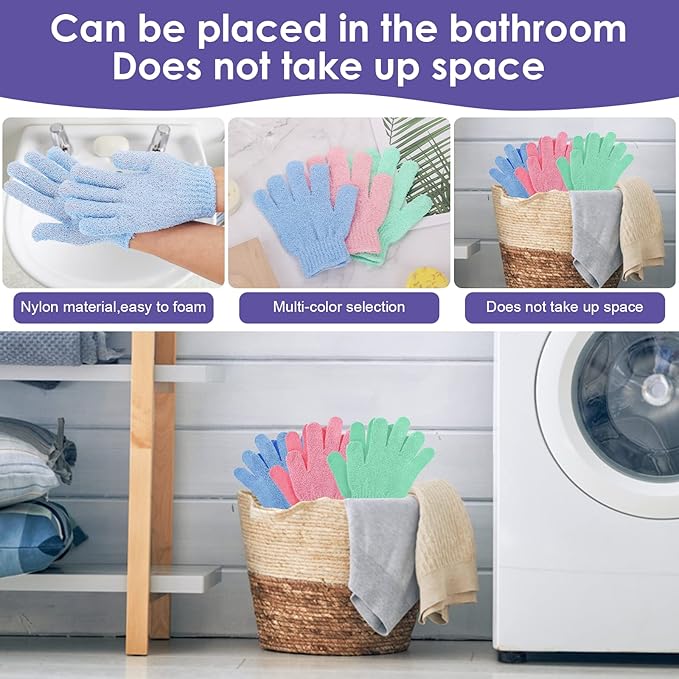 3 Pair Bath Gloves for Shower Natural Loofah Exfoliating Wash Gloves for Body and Face, Dead Skin Remover, Double Sided Microfibre Shower Body Gloves for Adults and Kids