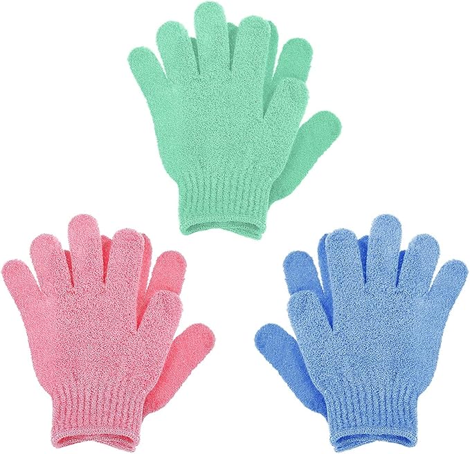 3 Pair Bath Gloves for Shower Natural Loofah Exfoliating Wash Gloves for Body and Face, Dead Skin Remover, Double Sided Microfibre Shower Body Gloves for Adults and Kids