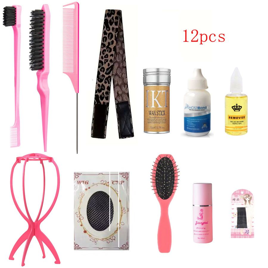 12pcs Wig Care Kit  Hair Styling Comb Set wigs glue + Lace Wig Remover + Wax Stick +Edges Brush+ Elastic Band Set+Wig Stand+Wig Care Solution +Mesh Wig Cap