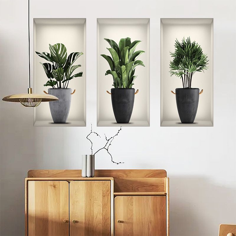 3D Green Pot Plants Wall Decals, Tropical Potted Wall Stickers, Creative Vinyl Peel and Stick Removable Wall Art Decor for Bedroom Living Room Kitchen