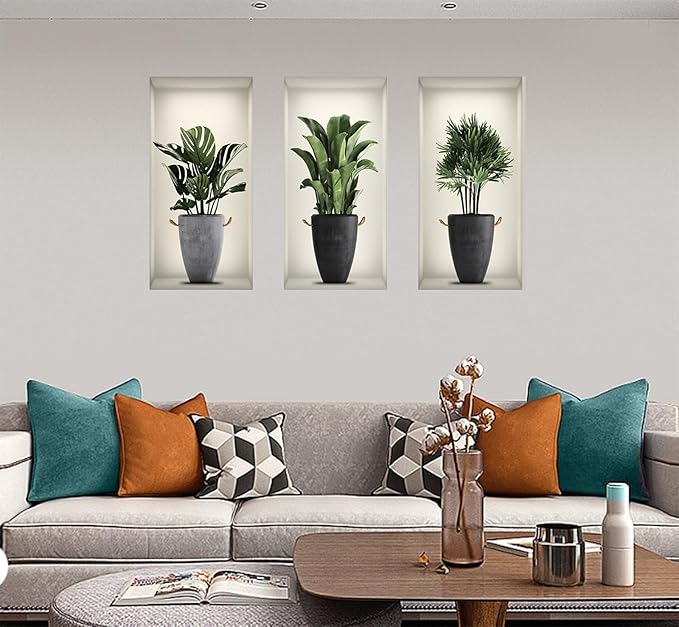 3D Green Pot Plants Wall Decals, Tropical Potted Wall Stickers, Creative Vinyl Peel and Stick Removable Wall Art Decor for Bedroom Living Room Kitchen