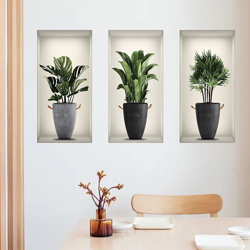 3D Green Pot Plants Wall Decals, Tropical Potted Wall Stickers, Creative Vinyl Peel and Stick Removable Wall Art Decor for Bedroom Living Room Kitchen
