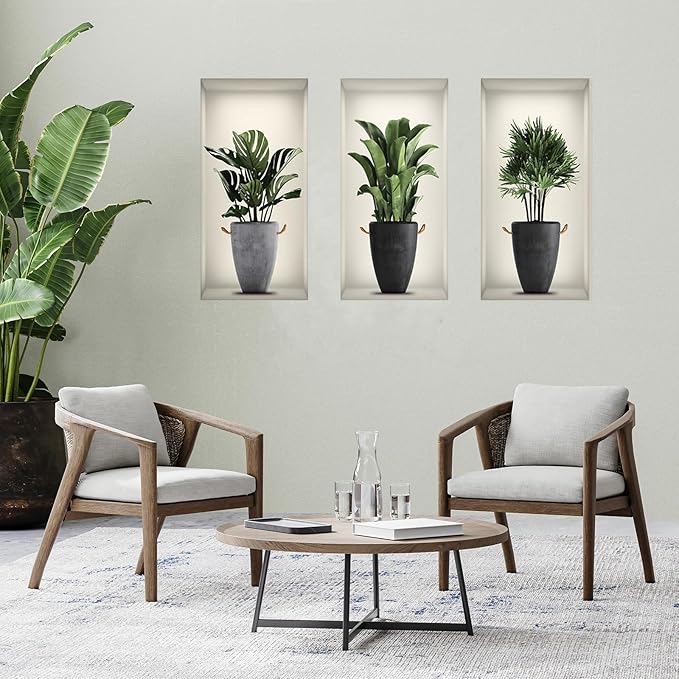 3D Green Pot Plants Wall Decals, Tropical Potted Wall Stickers, Creative Vinyl Peel and Stick Removable Wall Art Decor for Bedroom Living Room Kitchen