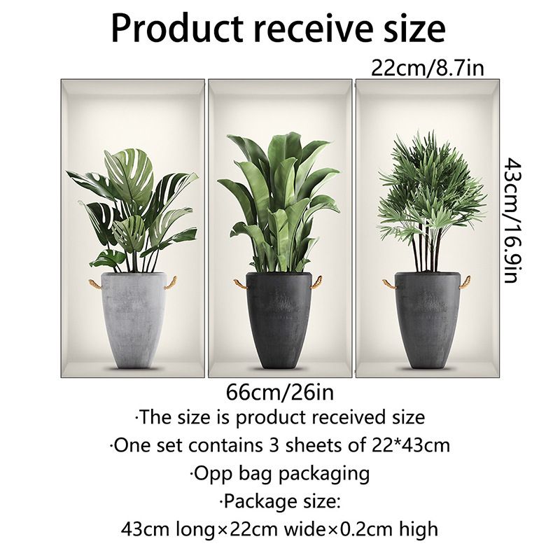 3D Green Pot Plants Wall Decals, Tropical Potted Wall Stickers, Creative Vinyl Peel and Stick Removable Wall Art Decor for Bedroom Living Room Kitchen