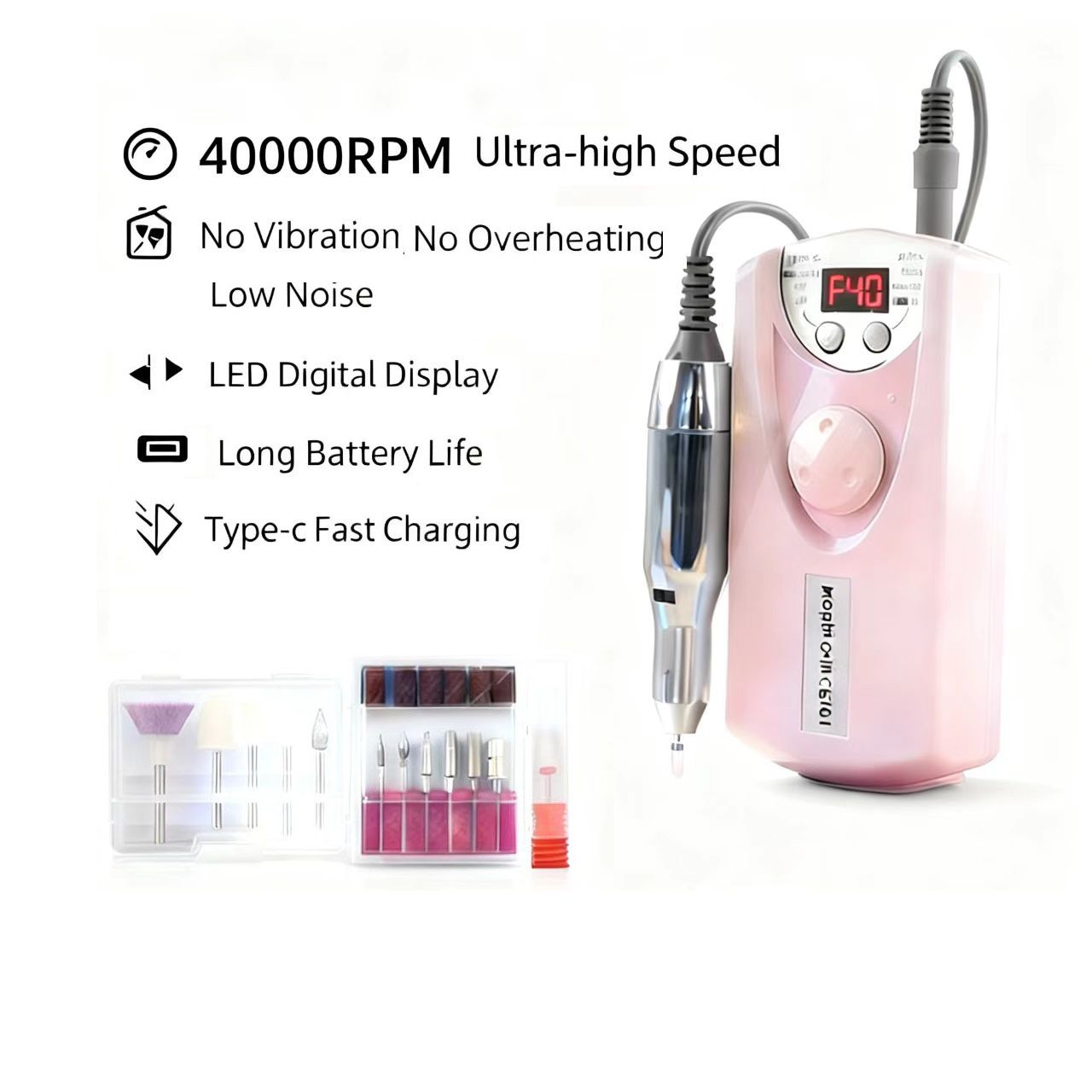 Rechargeable Professional Nail Drill Set 40000RPM Nail File Polishing Manicure Grinding Machine Nail Art Tool Portable for Acrylic Gel Nail Polishing Removing Manicure Pedicure at Salon Home Use