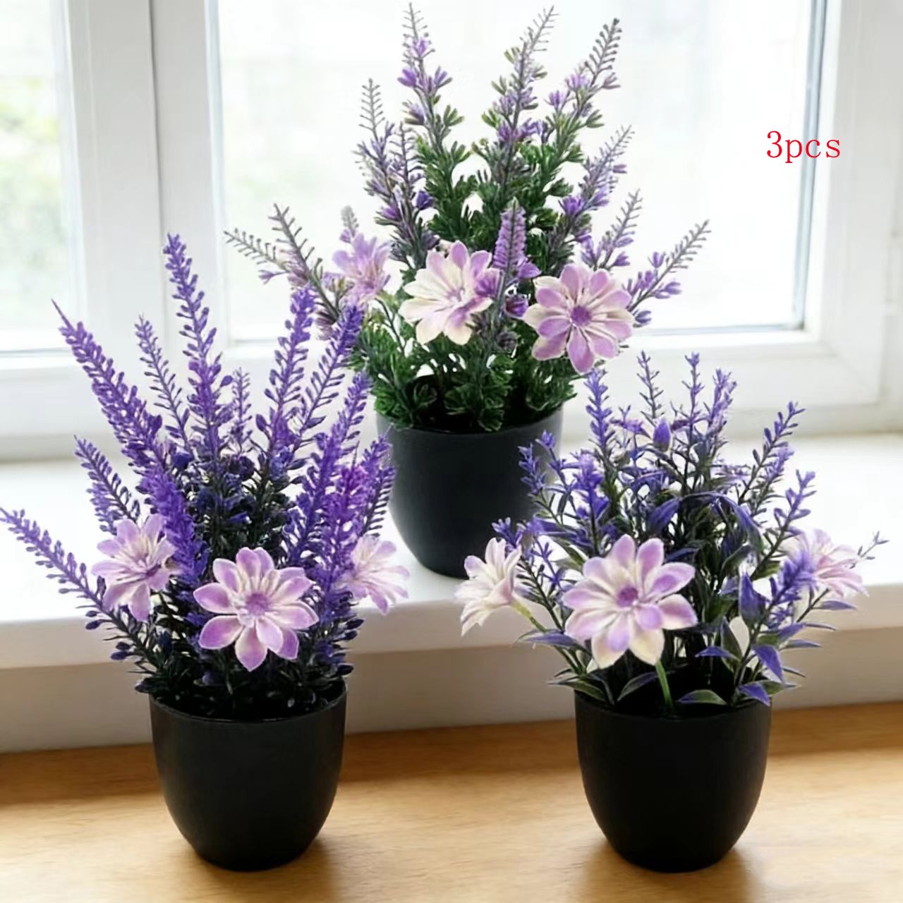 3pcs Artificial Plants & Flowers With Plastic Pots Office Decor