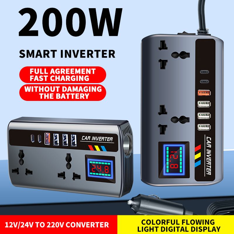 12v24v to 220v car inverter truck car universal converter mobile phone dual flash charging socket charger ， 200W Car Power Inverter，Durable Power Converter.4 USB Ports.