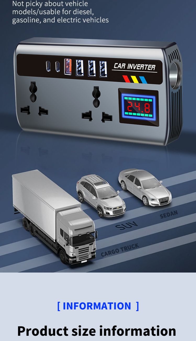 12v24v to 220v car inverter truck car universal converter mobile phone dual flash charging socket charger ， 200W Car Power Inverter，Durable Power Converter.4 USB Ports.