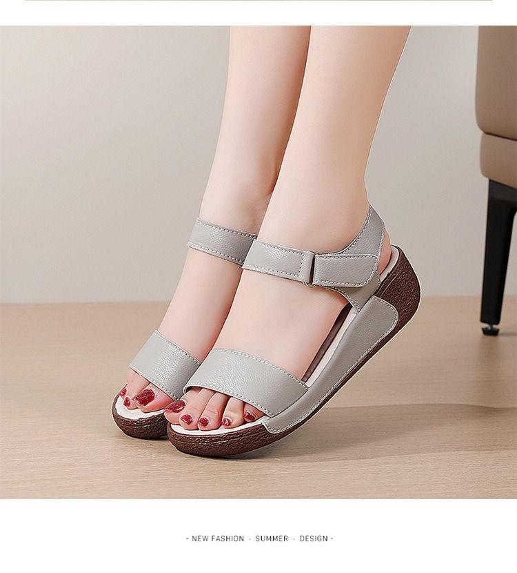 Wedge Sandals for Women in Summer Genuine Leather Sponge Cake Sandals Height Increasing Velcro Sandals Thick Soled Women's Sandals