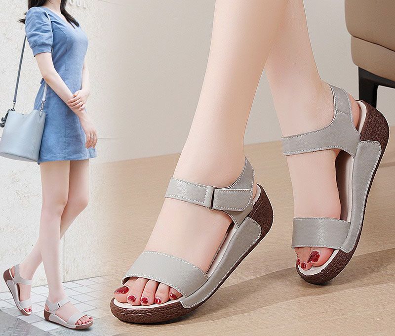Wedge Sandals for Women in Summer Genuine Leather Sponge Cake Sandals Height Increasing Velcro Sandals Thick Soled Women's Sandals