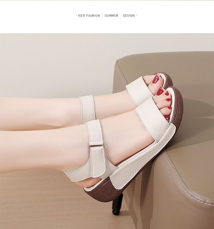 Wedge Sandals for Women in Summer Genuine Leather Sponge Cake Sandals Height Increasing Velcro Sandals Thick Soled Women's Sandals