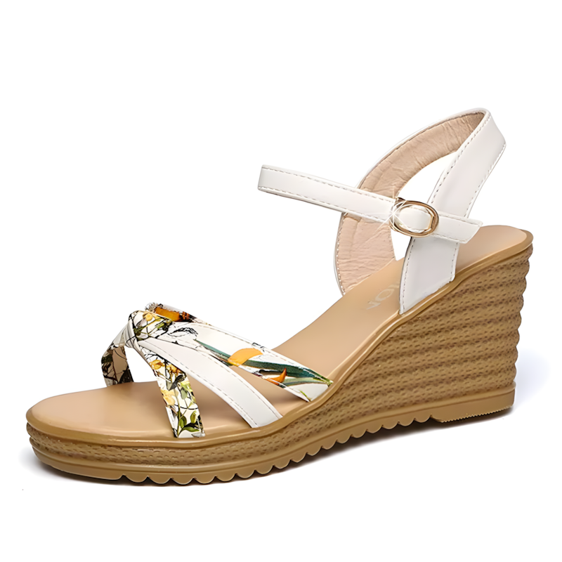 SXCHEN Women's Shoes Sandals Heels Sandals New wedge heel high heel printed fish mouth sandals one-line buckle large size Roman shoes sandals