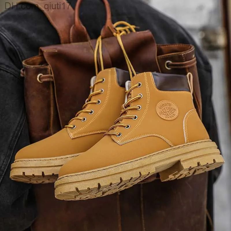 SXCHEN Men Shoes Boots Ankle & Bootie New Classic Fashionable Wear-Resistant Waterproof High-Top Martin Boots Soft-Soled Workwear Non-Slip Gentleman Rhubarb Boots School Boys Shoes Dad Shoe