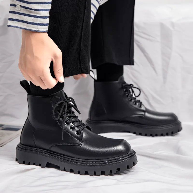 SXCHEN Men's Shoes Ankle & Bootie  Boots Martin Boots Men Low-Top Motorcycle High-Street Style Fashionable Thick-Soled High-Top Leather Shoes High-Top Casual Work Boots Black School Boys Shoes