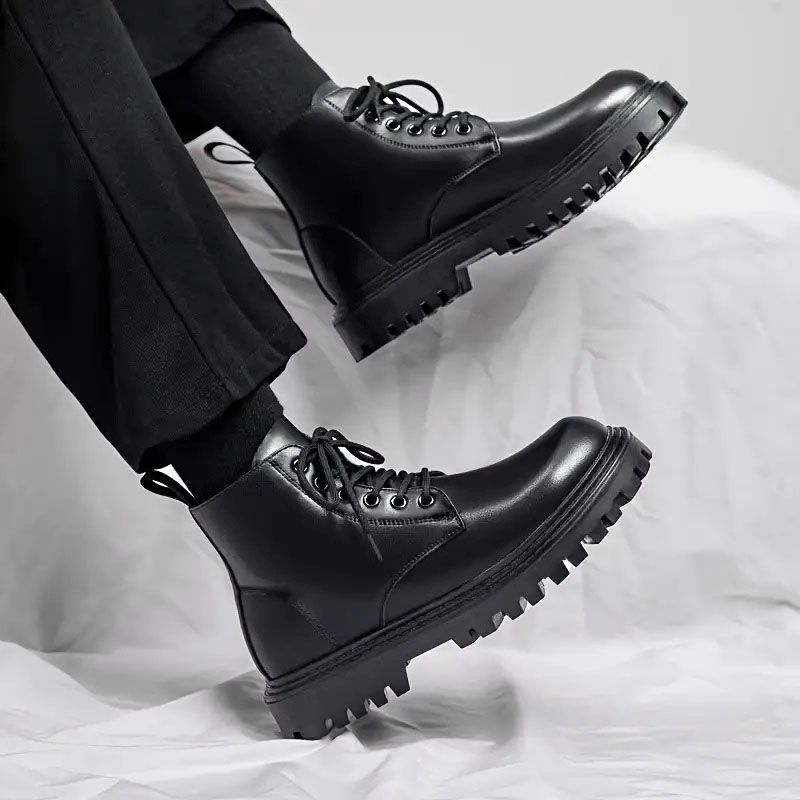 SXCHEN Men's Shoes Ankle & Bootie  Boots Martin Boots Men Low-Top Motorcycle High-Street Style Fashionable Thick-Soled High-Top Leather Shoes High-Top Casual Work Boots Black School Boys Shoes