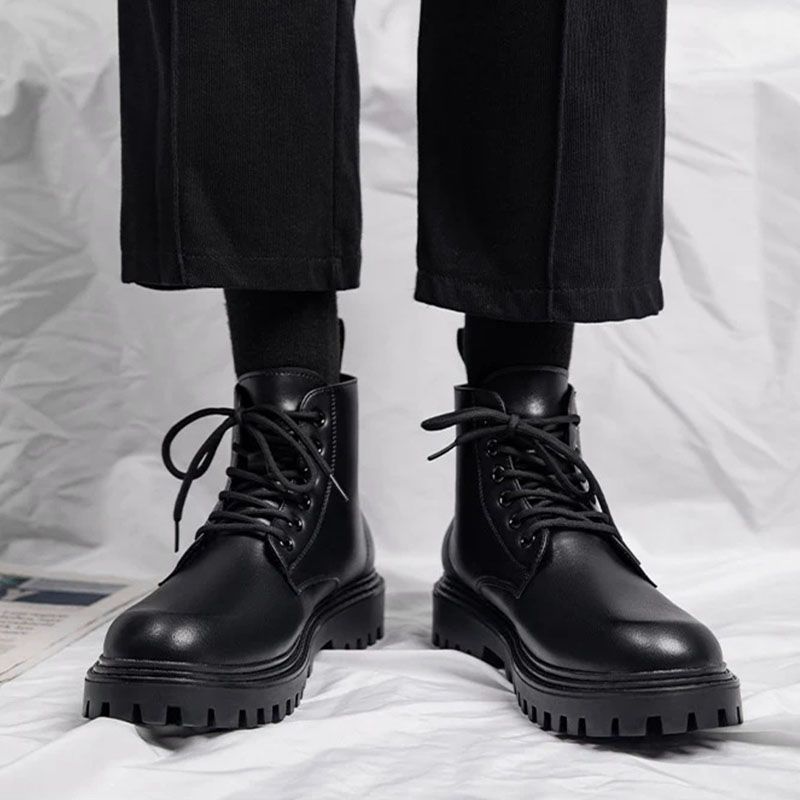 SXCHEN Men's Shoes Ankle & Bootie  Boots Martin Boots Men Low-Top Motorcycle High-Street Style Fashionable Thick-Soled High-Top Leather Shoes High-Top Casual Work Boots Black School Boys Shoes