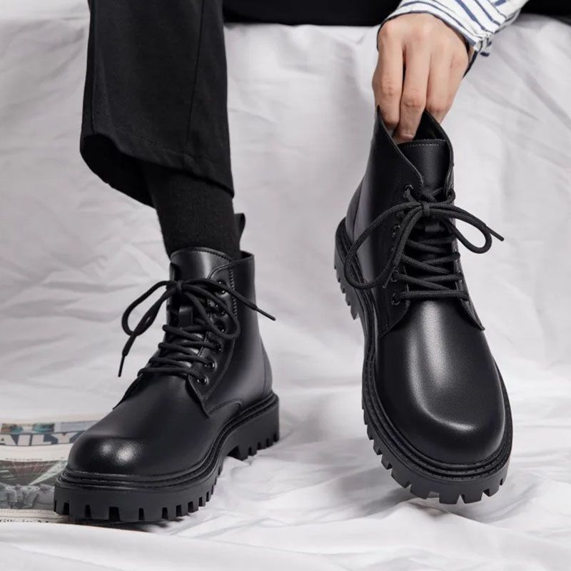 SXCHEN Men's Shoes Ankle & Bootie  Boots Martin Boots Men Low-Top Motorcycle High-Street Style Fashionable Thick-Soled High-Top Leather Shoes High-Top Casual Work Boots Black School Boys Shoes