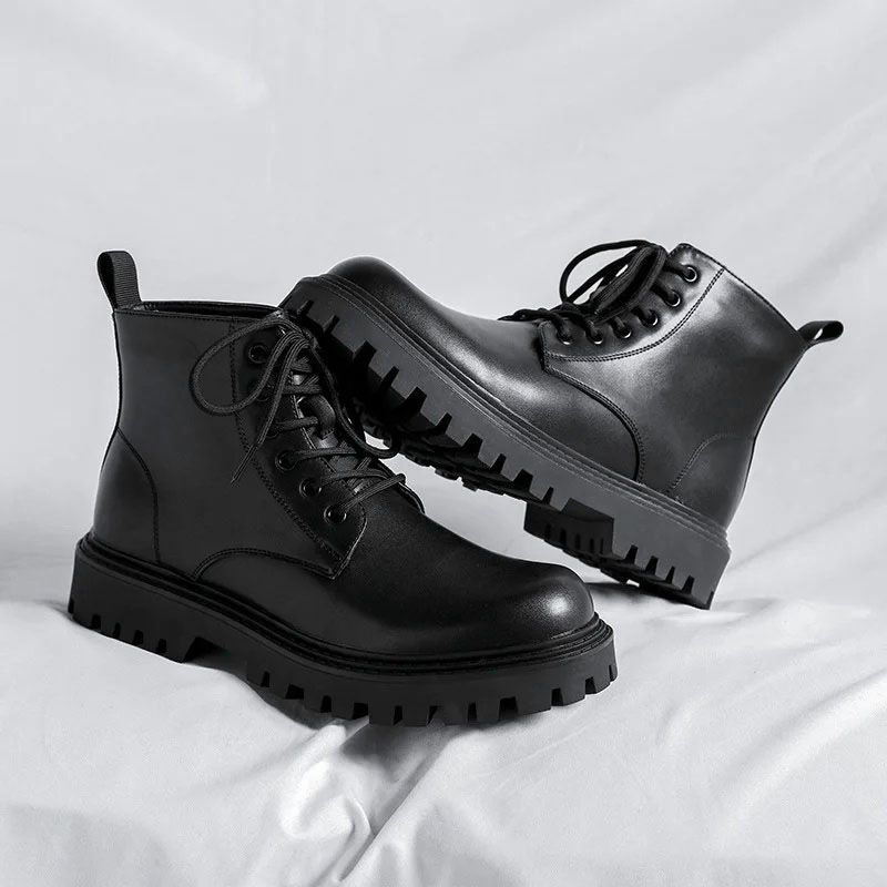 SXCHEN Men's Shoes Ankle & Bootie  Boots Martin Boots Men Low-Top Motorcycle High-Street Style Fashionable Thick-Soled High-Top Leather Shoes High-Top Casual Work Boots Black School Boys Shoes