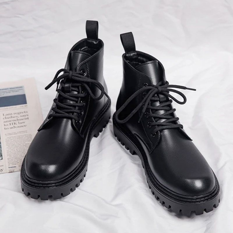 SXCHEN Men's Shoes Ankle & Bootie  Boots Martin Boots Men Low-Top Motorcycle High-Street Style Fashionable Thick-Soled High-Top Leather Shoes High-Top Casual Work Boots Black School Boys Shoes