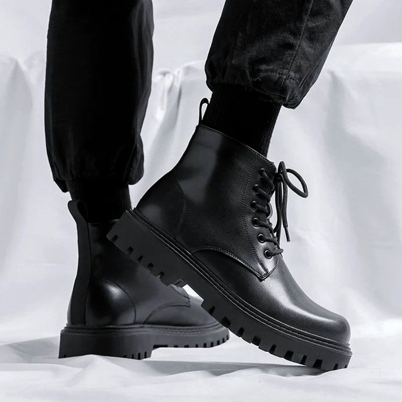 SXCHEN Men's Shoes Ankle & Bootie  Boots Martin Boots Men Low-Top Motorcycle High-Street Style Fashionable Thick-Soled High-Top Leather Shoes High-Top Casual Work Boots Black School Boys Shoes