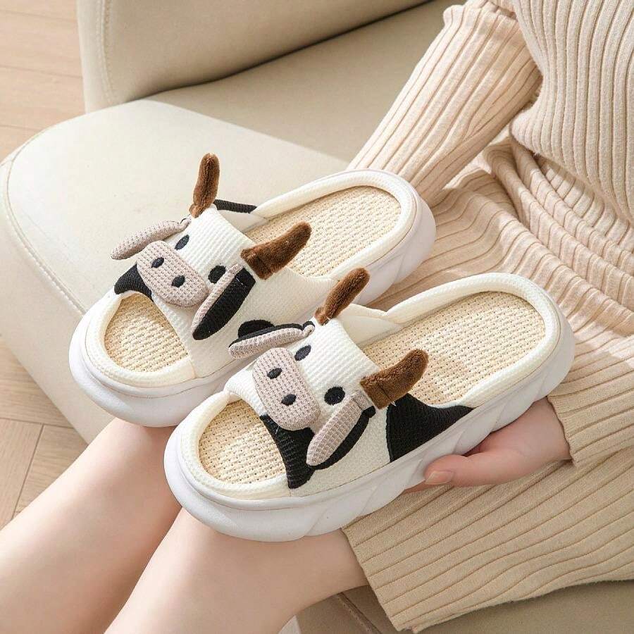 Men's Shoes Unisex Slippers Indoor Slippers New Cow Head Linen Open Slippers Home Cute Floor Thick Sole Comfortable Men And Women Animal Fabric Slippers Dairy Cow Outdoor Fashion Flat Shoe Boy Beige,EU44-45