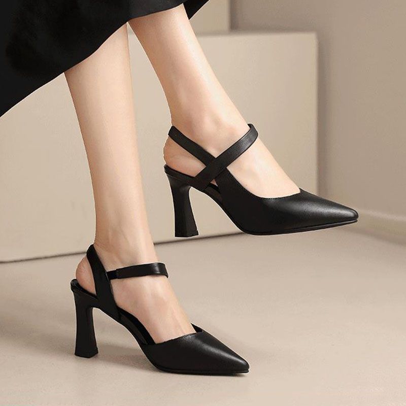 SXCHEN Women's Shoes Heels Soft Leather High Heels New Formal Shoes Work Shoes Pointed Toe All-Match Thick Heels One-Word Strap High Heels Ladies Shoes Girls Black School Fashion Comfort Mam Anti-slip