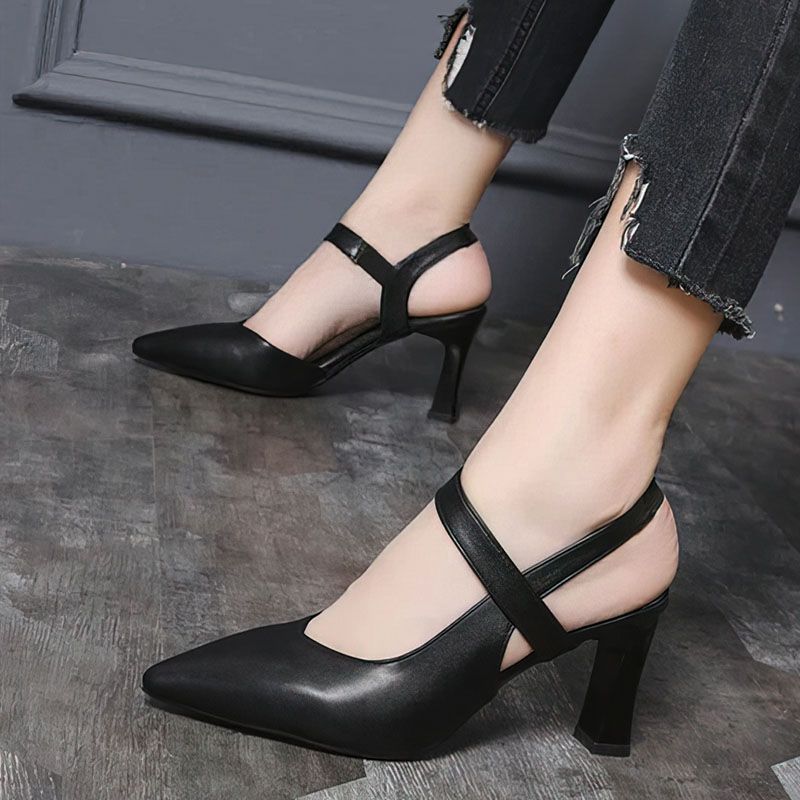 SXCHEN Women's Shoes Heels Soft Leather High Heels New Formal Shoes Work Shoes Pointed Toe All-Match Thick Heels One-Word Strap High Heels Ladies Shoes Girls Black School Fashion Comfort Mam Anti-slip