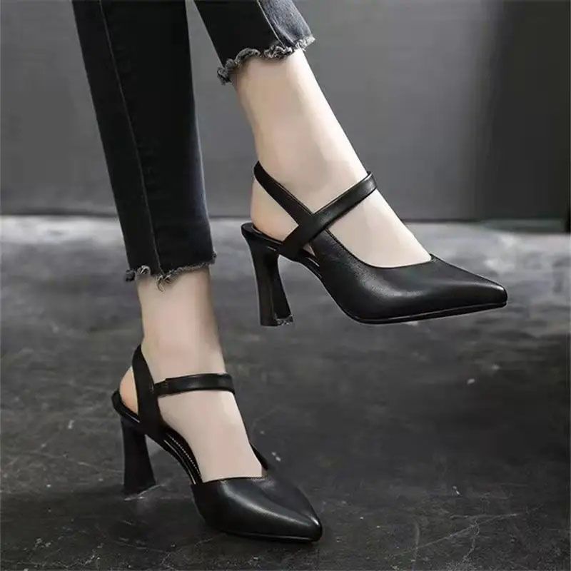 SXCHEN Women's Shoes Heels Soft Leather High Heels New Formal Shoes Work Shoes Pointed Toe All-Match Thick Heels One-Word Strap High Heels Ladies Shoes Girls Black School Fashion Comfort Mam Anti-slip